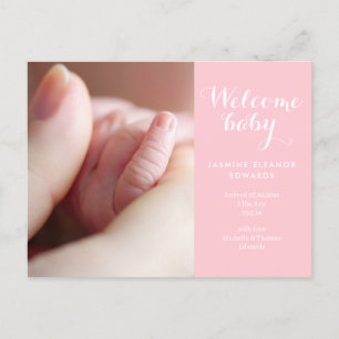 Carte Postale Faire-part Script de photos de bébé fille Monogramme Rose Nai