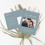 Carte Postale Faire-part Script décontracté moderne b typographie mariage a<br><div class="desc">Ecriture moderne élégant élégant mariage typographie enregistrer la date carte postale photo. Design minimaliste moderne,  couleurs bleu et blanc poussiéreux peuvent être customisés.</div>