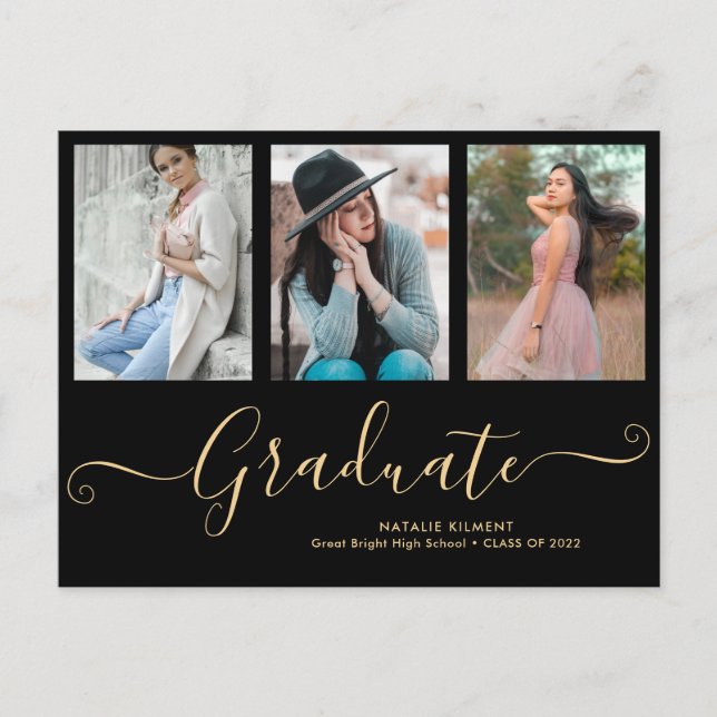 Carte Postale Faire-part Script Graduate 3 Photo Collage noir Graduation (Devant)