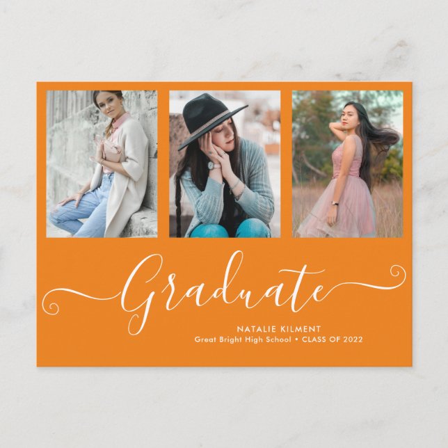 Carte Postale Faire-part Script Graduate 3 Photo Collage Orange Graduation (Devant)