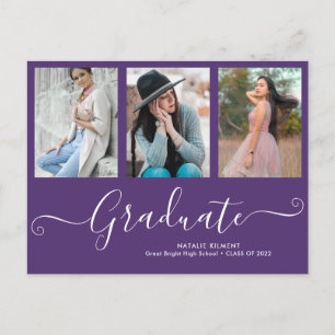 Carte Postale Faire-part Script Graduate 3 Photo Collage Purple Graduation