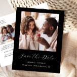 Carte Postale Faire-part Script minimal à 2 photos noir Enregistrer la date<br><div class="desc">Cette carte postale simple et minimaliste Save the Date présente une photo carré au-dessus des mots "Save the Date" dans un élégant script d'écriture manuscrite blanche, suivie des noms du couple, de la date du mariage et de la ville en caractères sans serif sur un arrière - plan noir. Ajoutez...</div>