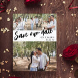 Carte Postale Faire-part Script noir 4 Photos Mariage Enregistrer notre dat<br><div class="desc">Mariage enregistrer la date carte postale vous pouvez personnaliser avec quatre de vos propres photos,  trois plus petits et un plus grand. Enregistrer notre date est écrit en diagonale sur la carte postale dans un script noir. Ajoutez vos noms et votre date de mariage dans une police propre.</div>