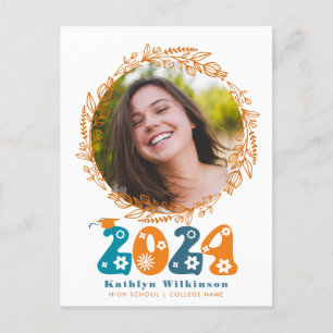 Carte Postale Faire-part Script Super Rétro Terracotta Graduation Florale
