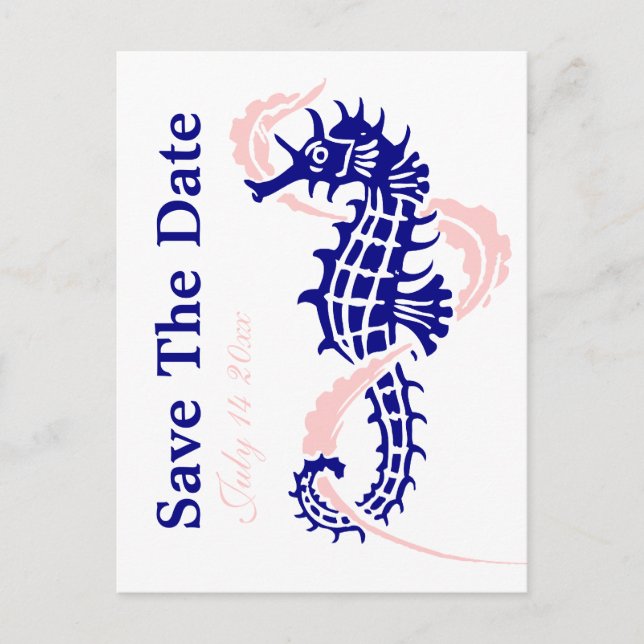 Carte Postale Faire-part Seahorse marine bleu, mariage rose Enregistrer la  (Devant)