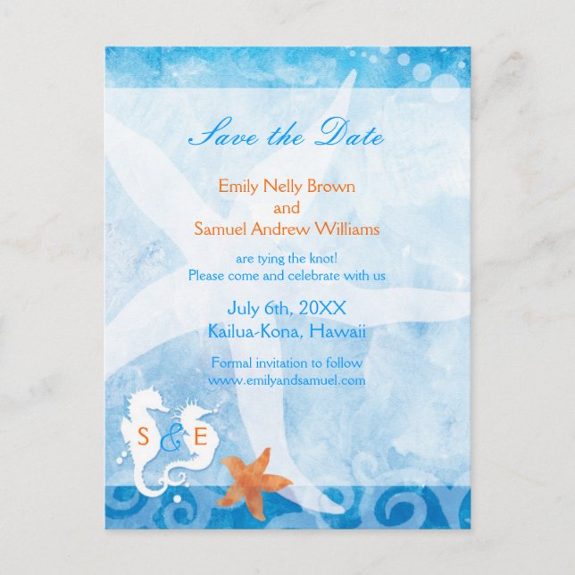 Carte Postale Faire-part Seahorse Pair Beach Wedding Enregistrer la date (Devant)