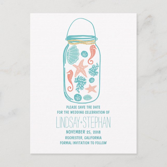 Carte Postale Faire-part Seashell mason jar mariage de plage enregistrer la (Devant)