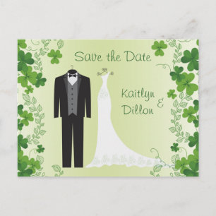Carte Postale Faire-part Shamrock irlandais, tuxedo, robe mariage Enregistr