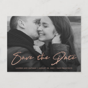 Carte Postale Faire-part Signature Faux or rose photo save the date