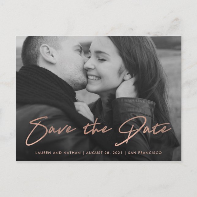 Carte Postale Faire-part Signature | Faux or rose Photo Save the Date (Devant)