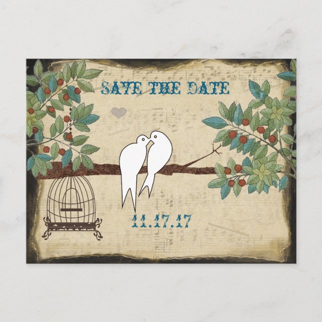 Carte Postale Faire-part Silhouette Doves Bird Cage Enregistrer la date (Devant)