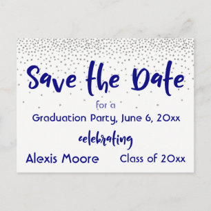 Carte Postale Faire-part Silver Confetti Navy Enregistrer la date de gradua