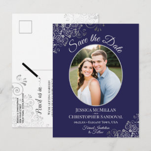 Carte Postale Faire-part Silver Lace Marine Blue Wedding Enregistrer la dat