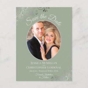 Carte Postale Faire-part Silver Lace Sage Green Wedding Save the Date Photo