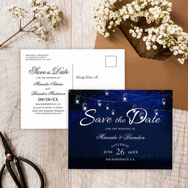 Carte Postale Faire-part Silver Mason Jar String Lights Blue Save the Date (Créateur téléchargé)