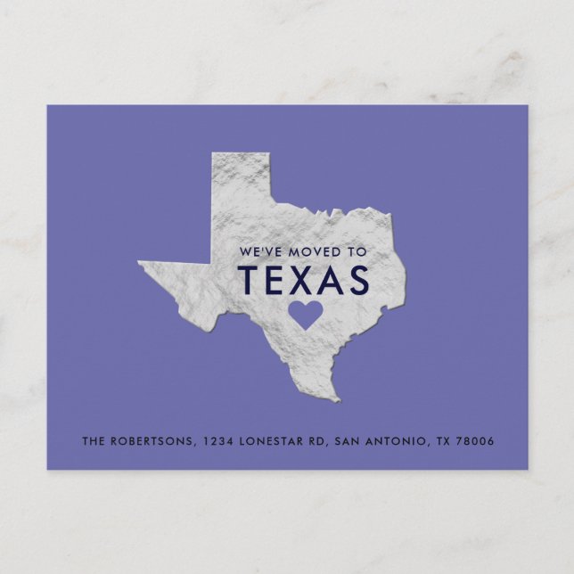 Carte Postale Faire-part Silver Metallic Texas Map Periwinkle Nouvelle adre (Devant)