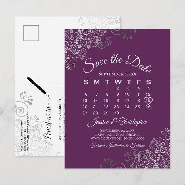 Carte Postale Faire-part Silver Plum Purple Wedding Save the Date Calendar (Devant / Derrière)