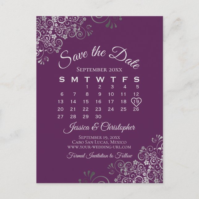 Carte Postale Faire-part Silver Plum Purple Wedding Save the Date Calendar (Devant)