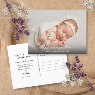 Carte Postale Faire-part Simple Baby Photo Merci Élégant Script Naissance 