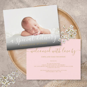 Carte Postale Faire-part Simple Bébé Script photo Pink Girl Birth