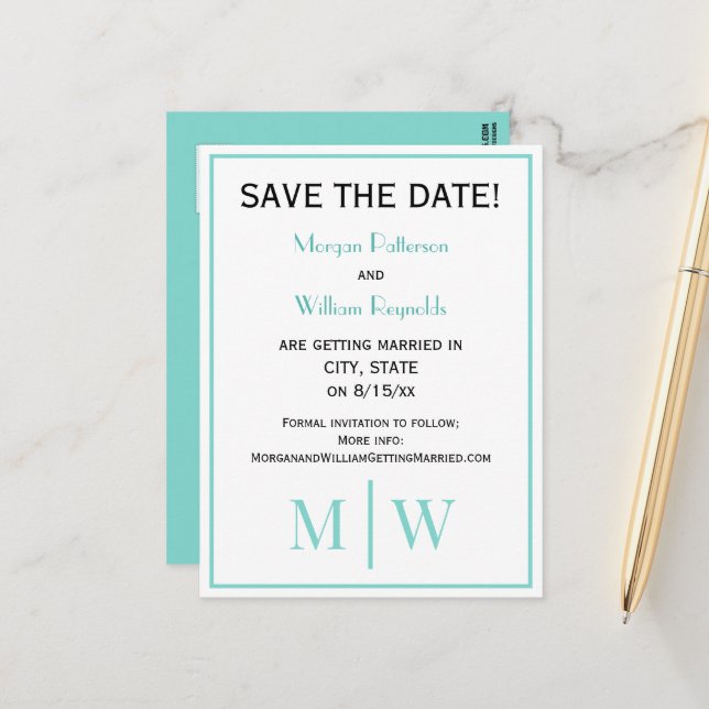 Carte Postale Faire-part Simple Couple Mariage 2 Initiales Mon VS Couleurs  (Devant/Arrière en situation)