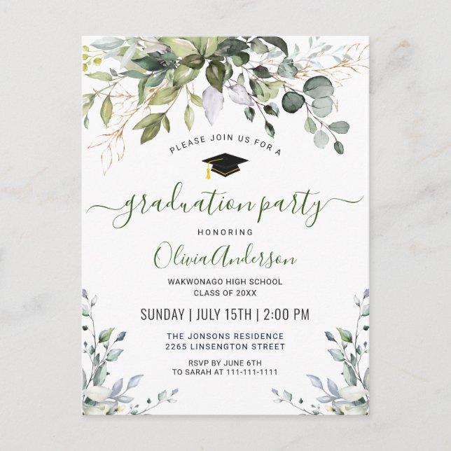 Carte Postale Faire-part Simple Elegant Eucalyptus Graduation Party (Devant)