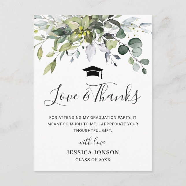 Carte Postale Faire-part Simple Elegant Eucalyptus Graduation Thank You (Devant)