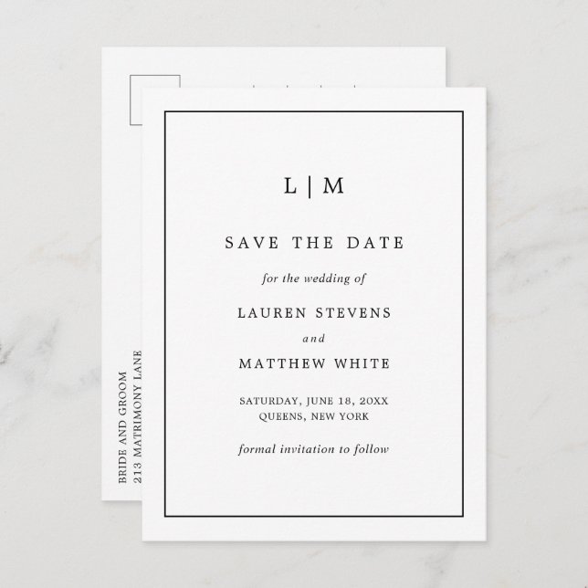 Carte Postale Faire-part Simple Élégant Mariage Blanc Noir Enregistrer la D (Devant / Derrière)