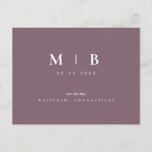 Carte Postale Faire-part Simple & Élégant Monogramme Prune Save the Date