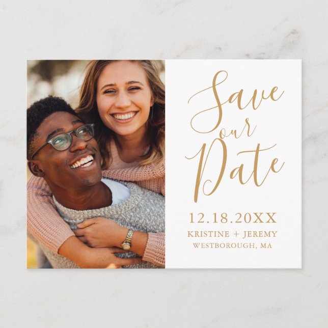 Carte Postale Faire-part Simple Gold Script Photo Enregistrer notre date (Devant)