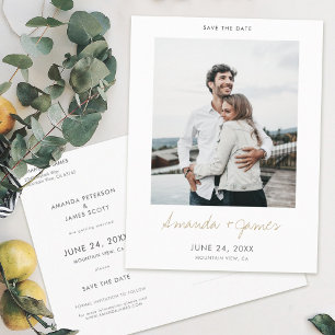 Carte Postale Faire-part Simple Modern Gold Script Photo Enregistrer la dat