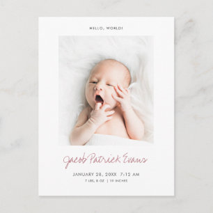 Carte Postale Faire-part Simple Moderne Naissance Bébé Photo Personnalisée