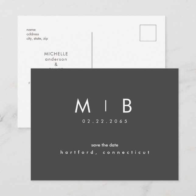 Carte Postale Faire-part Simple Monogramme Charbon Save the Date (Devant / Derrière)