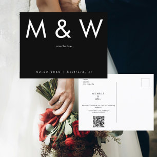 Carte Postale Faire-part Simple Monogramme Code QR N&B Save the Date