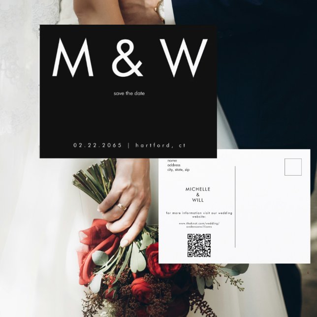 Carte Postale Faire-part Simple Monogramme Code QR N&B Save the Date (Créateur téléchargé)