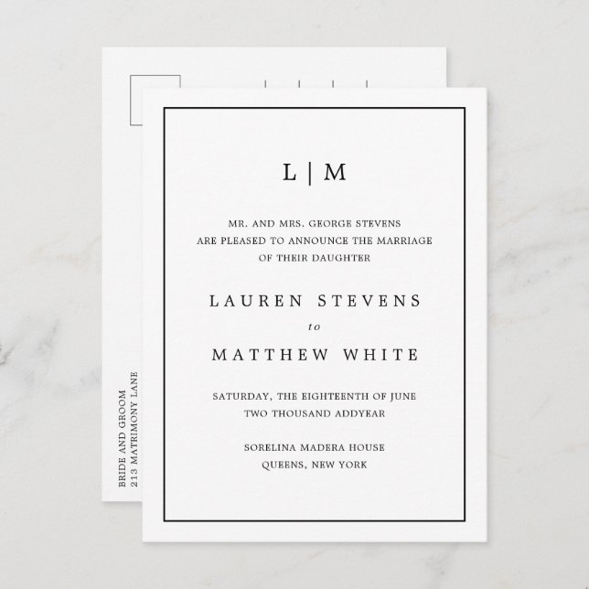 Carte Postale Faire-part Simple Monogramme Noir et Blanc Élégant de Mariage (Devant / Derrière)