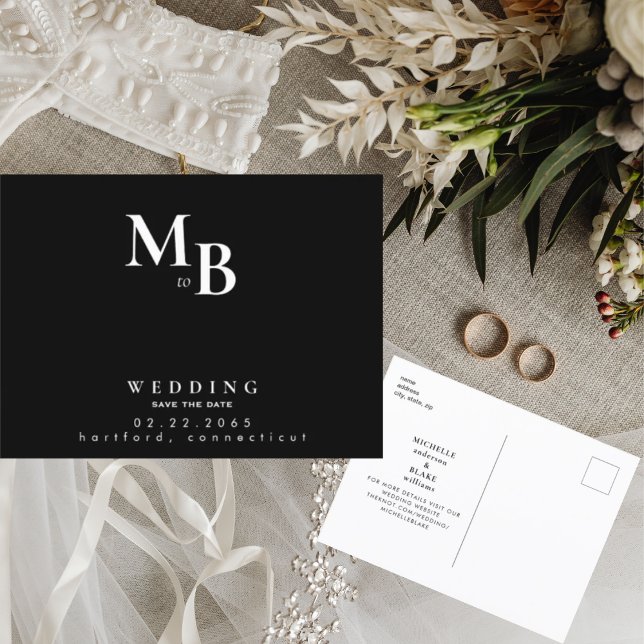 Carte Postale Faire-part Simple Monogramme Noir Mariage Enregistrer la date (Créateur téléchargé)