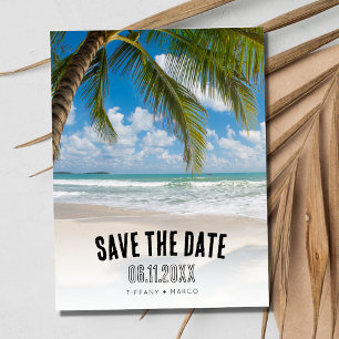 Carte Postale Faire-part Simple Palm Tree Beach Wedding Enregistrer la date