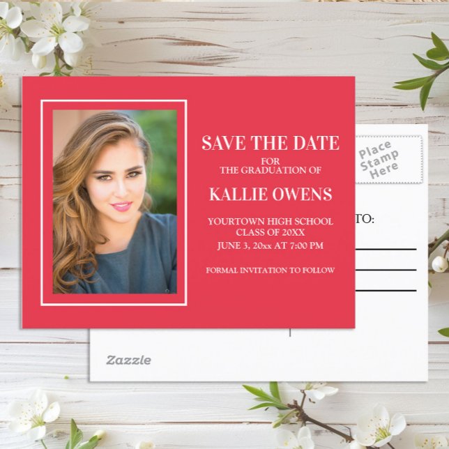 Carte Postale Faire-part Simple Rouge Blanc Graduation Enregistrer la Date (Red graduation photo Save the Date postcard)