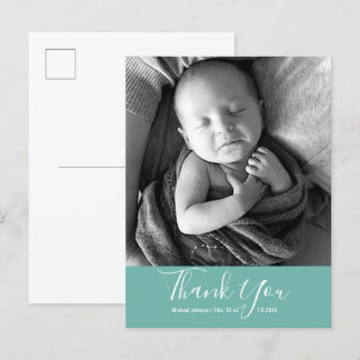 Carte Postale Faire-part Simple Turquoise Merci photo bébé Script de naissa