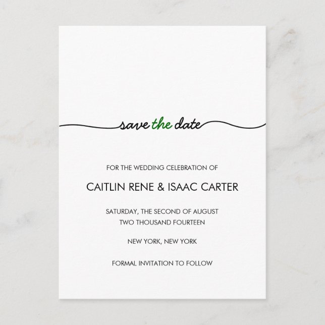 Carte Postale Faire-part Simplement Élégant Vert Économisez la Date (Devant)