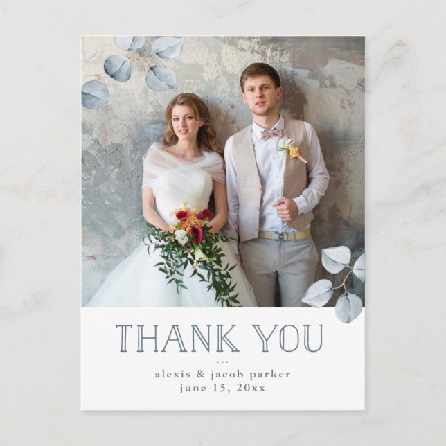 Carte Postale Faire-part Simplicité de l'eucalyptus | Merci photo mariage (Devant)