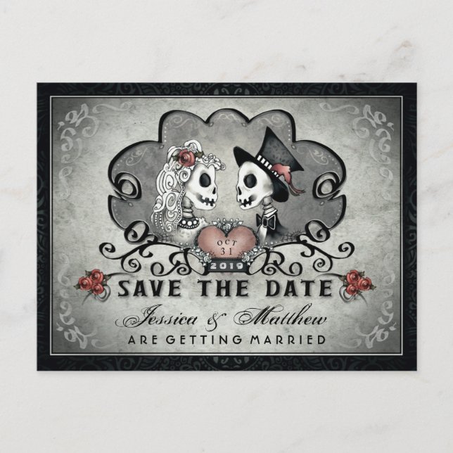 Carte Postale Faire-part Skeletons Black Grey White SAVE DATE (Devant)