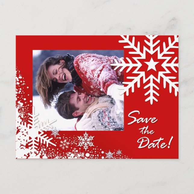 Carte Postale Faire-part Snowflakes d'hiver Sauvez la date (rouge) Photo (Devant)