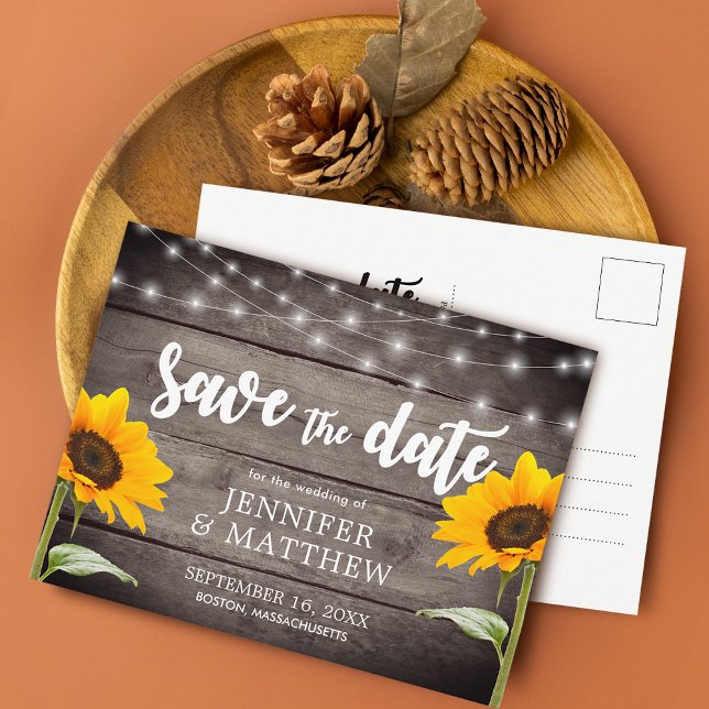 Carte Postale Faire-part Soleil Tournesol Bois Lumière Mariage Enregistrer  (Country Sunflower Wood Light Wedding Save The Date Announcement Postcard)