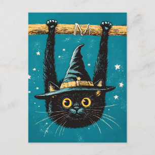 Carte Postale Faire-part Sorcière éffrayante de chat noir volant