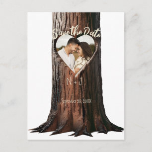 Carte Postale Faire-part Souche d'arbre à cœur sculpté Rustique Photo de fa