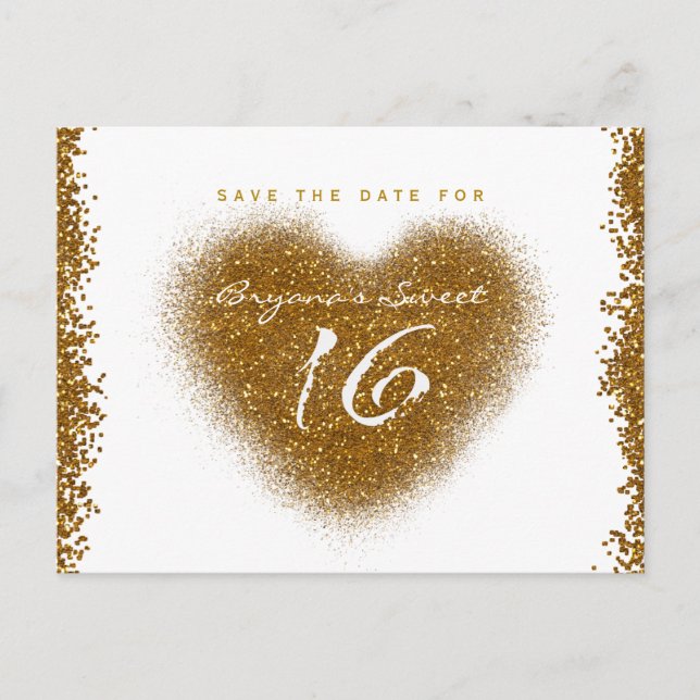 Carte Postale Faire-part Spill de paillettes dorées Sweet 16 Heart Save The (Devant)