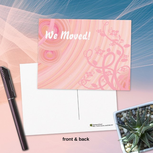 Carte Postale Faire-part Spirales de pêche, filigrane et fleurs (Peach & pink spiral postcard front and blank back with room for your handwritten note. )