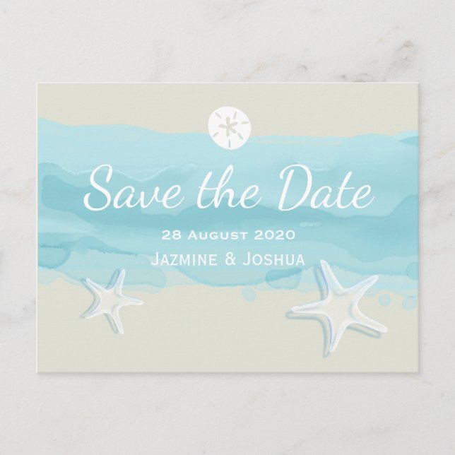 Carte Postale Faire-part Starfish, aqua aquarelle plage /enregistrer la dat (Devant)